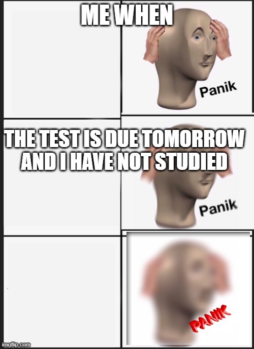 Me when test | ME WHEN; THE TEST IS DUE TOMORROW AND I HAVE NOT STUDIED | image tagged in panik panik panik | made w/ Imgflip meme maker