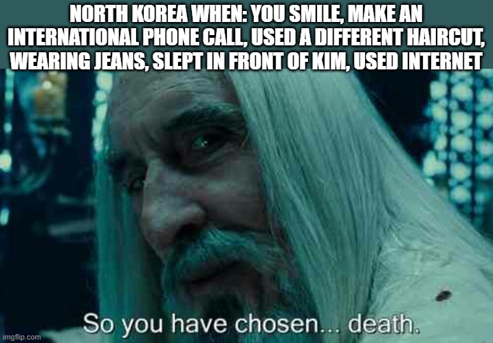 North Korea Be Like | NORTH KOREA WHEN: YOU SMILE, MAKE AN INTERNATIONAL PHONE CALL, USED A DIFFERENT HAIRCUT, WEARING JEANS, SLEPT IN FRONT OF KIM, USED INTERNET | image tagged in so you have chosen death,norh korea | made w/ Imgflip meme maker