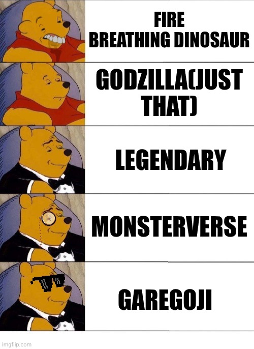 Winnie the Pooh v.20 | FIRE BREATHING DINOSAUR GODZILLA(JUST THAT) LEGENDARY MONSTERVERSE GAREGOJI | image tagged in winnie the pooh v 20 | made w/ Imgflip meme maker