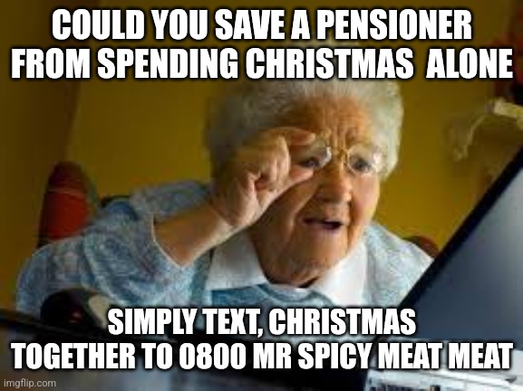 old woman | COULD YOU SAVE A PENSIONER FROM SPENDING CHRISTMAS  ALONE; SIMPLY TEXT, CHRISTMAS TOGETHER TO 0800 MR SPICY MEAT MEAT | image tagged in old woman | made w/ Imgflip meme maker