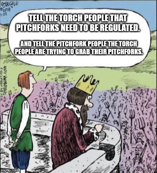 They them vs we us | TELL THE TORCH PEOPLE THAT PITCHFORKS NEED TO BE REGULATED. AND TELL THE PITCHFORK PEOPLE THE TORCH PEOPLE ARE TRYING TO GRAB THEIR PITCHFORKS. | image tagged in king vs torches pitchforks | made w/ Imgflip meme maker