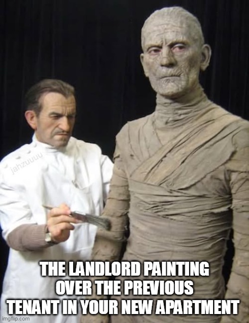 the landlord painting over the previous tenant in your new apartment | THE LANDLORD PAINTING OVER THE PREVIOUS TENANT IN YOUR NEW APARTMENT | image tagged in mummy,funny,landlord,tenant,apartment | made w/ Imgflip meme maker