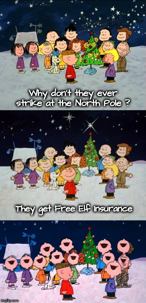 Santa's a Great Boss | Why don't they ever strike at the North Pole ? They get Free Elf Insurance | image tagged in a charlie brown christmas pun,elves,happy ending,snow joke,employees | made w/ Imgflip meme maker