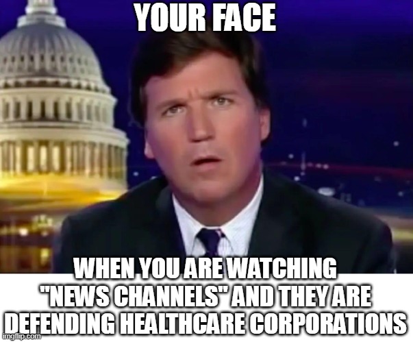 When you are watching "news Channels" and they are defending healthcare corporations | YOUR FACE; WHEN YOU ARE WATCHING "NEWS CHANNELS" AND THEY ARE DEFENDING HEALTHCARE CORPORATIONS | image tagged in carlson tucker,healthcare corporations,united healthcare,luigi mangione,fake news,news | made w/ Imgflip meme maker