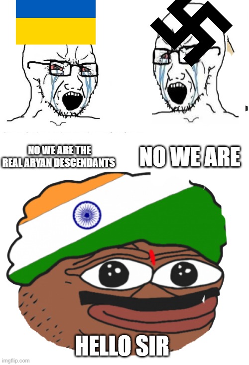 NO WE ARE; NO WE ARE THE REAL ARYAN DESCENDANTS; HELLO SIR | image tagged in soyboy vs yes chad,indian pepe head | made w/ Imgflip meme maker