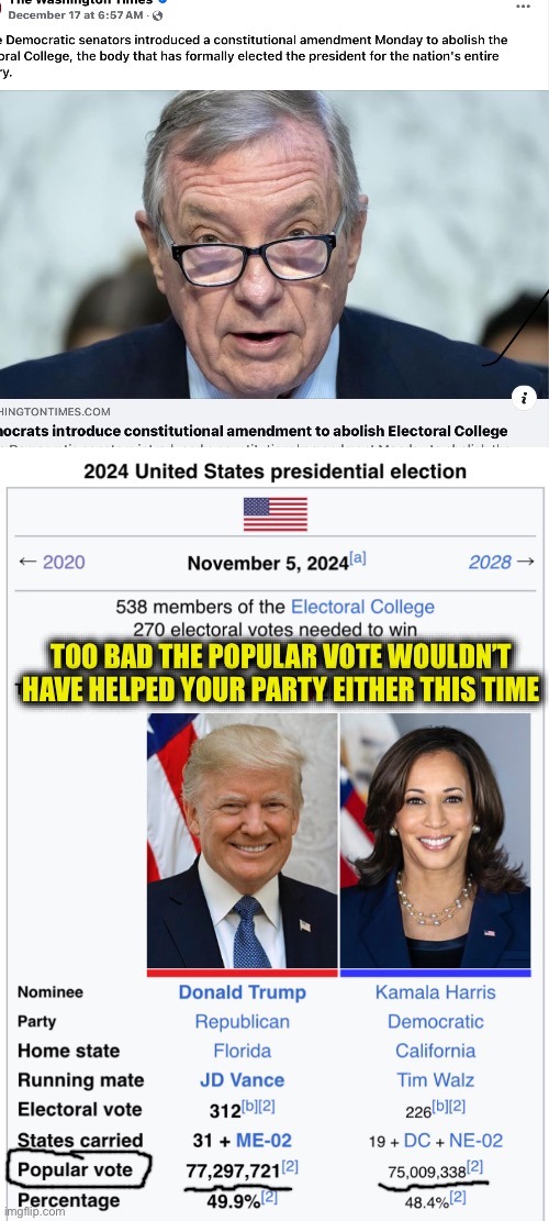 What we need is term limits for congress. Dick-head Durbin has been in congress for 41 years! | TOO BAD THE POPULAR VOTE WOULDN’T HAVE HELPED YOUR PARTY EITHER THIS TIME | image tagged in donald trump,popular vote,electoral college,democrats,liberal logic,memes | made w/ Imgflip meme maker