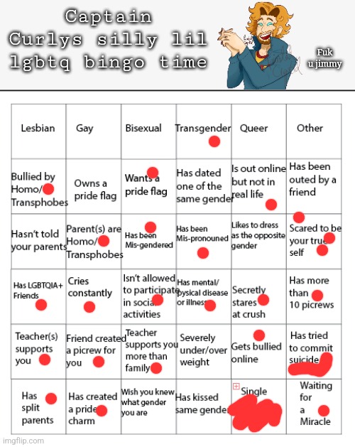 Feelin like a silly guy today | Captain Curlys silly lil lgbtq bingo time; Fuk u jimmy | image tagged in lgbtqia bingo | made w/ Imgflip meme maker