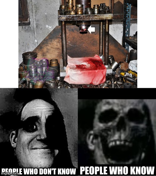 [NSFL] [Blood and brain bits.] Hydraulic press suicide. Original case here (very graphic images btw I'm warning you right now):  | PEOPLE WHO DON'T KNOW; PEOPLE WHO KNOW | image tagged in traumatized mr incredible bad vs worst context version | made w/ Imgflip meme maker