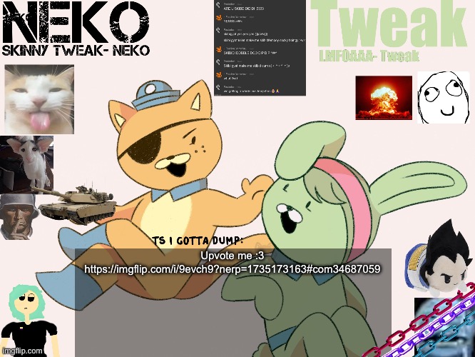Tweak and Neko Shared temp | Upvote me :3 https://imgflip.com/i/9evch9?nerp=1735173163#com34687059 | image tagged in tweak and neko shared temp | made w/ Imgflip meme maker