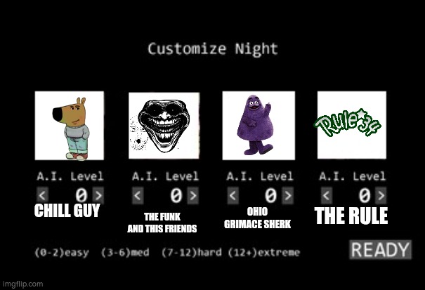 fnaf 1 custom night | THE RULE; OHIO GRIMACE SHERK; CHILL GUY; THE FUNK AND THIS FRIENDS | image tagged in fnaf 1 custom night | made w/ Imgflip meme maker