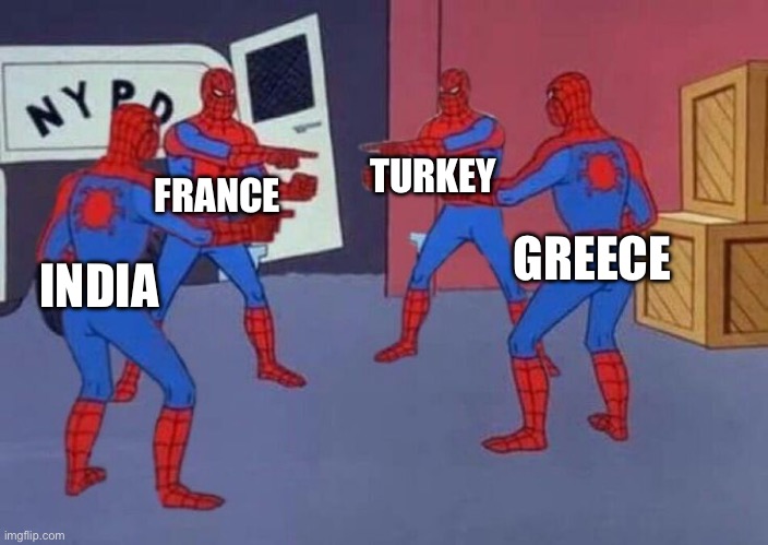 4 Spiderman pointing at each other | INDIA FRANCE TURKEY GREECE | image tagged in 4 spiderman pointing at each other | made w/ Imgflip meme maker