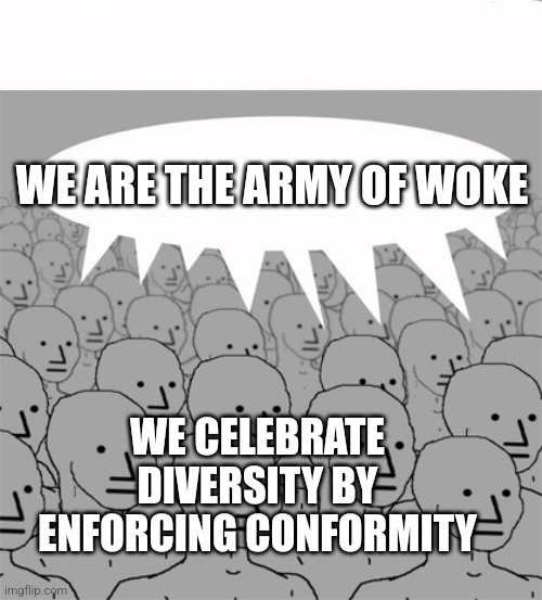 NPCProgramScreed | WE ARE THE ARMY OF WOKE; WE CELEBRATE DIVERSITY BY ENFORCING CONFORMITY | image tagged in npcprogramscreed | made w/ Imgflip meme maker