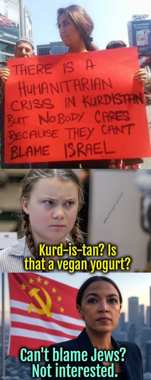 No Jews No News | @darking2jarlie; Kurd-is-tan? Is that a vegan yogurt? Can't blame Jews?
 Not interested. | image tagged in pissedoff greta,supreme leader aoc,liberals,socialism,politics,marxism | made w/ Imgflip meme maker