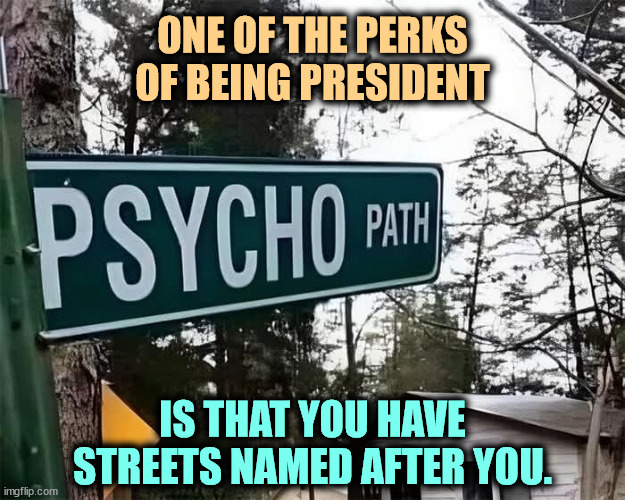 ONE OF THE PERKS OF BEING PRESIDENT; IS THAT YOU HAVE STREETS NAMED AFTER YOU. | image tagged in trump,insane,crazy,psychopath,sociopath,berserk | made w/ Imgflip meme maker