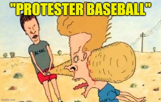 If beavis and butthead aired today | "PROTESTER BASEBALL" | image tagged in protest,protesters,beavis and butthead,family guy,archer,the simpsons | made w/ Imgflip meme maker