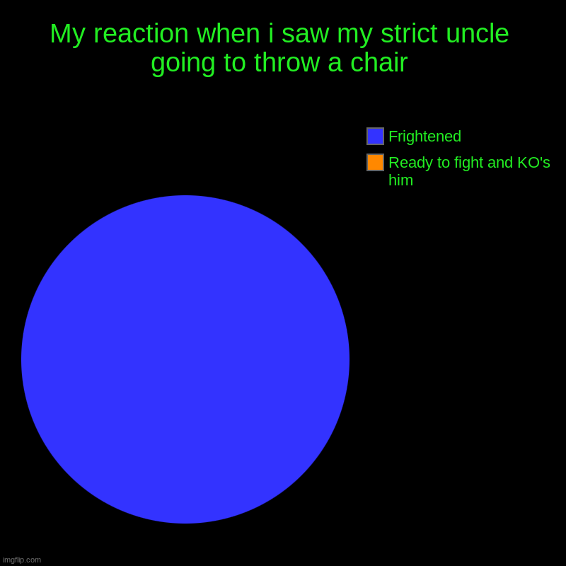 My reaction when i saw my strict uncle going to throw a chair | Ready to fight and KO's him, Frightened | image tagged in charts,pie charts,relatable memes | made w/ Imgflip chart maker