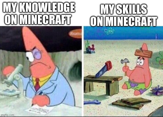 I know a lot of Minecraft… | MY SKILLS ON MINECRAFT; MY KNOWLEDGE ON MINECRAFT | image tagged in smart and dumb patrick star,minecraft,nail | made w/ Imgflip meme maker