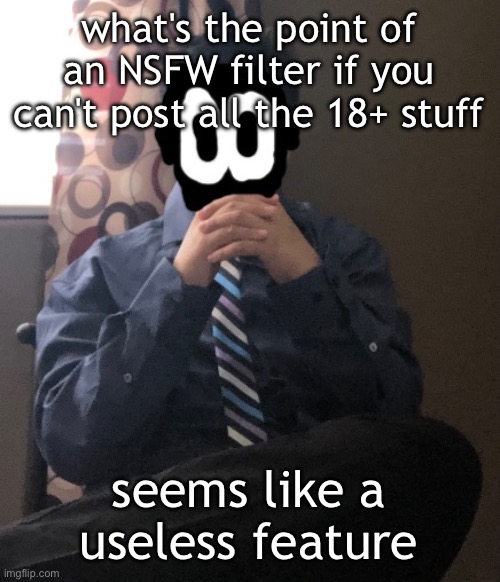 "Well.. it's for when people say bad words!" but it's a 13+ site | what's the point of an NSFW filter if you can't post all the 18+ stuff; seems like a useless feature | image tagged in delted but he's badass | made w/ Imgflip meme maker