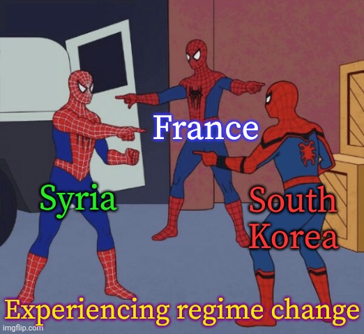 The times they are a changin' | France; South
Korea; Syria; Experiencing regime change | image tagged in 3 spidermans,dictator,prime minister,president,consequences | made w/ Imgflip meme maker