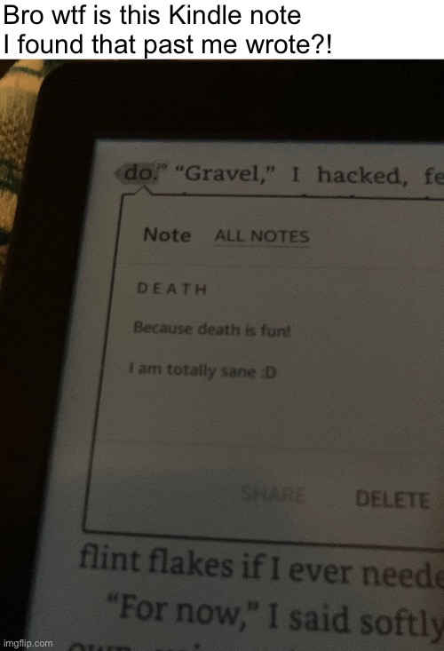 D E A T H. Because death is fun! I am totally sane :D | Bro wtf is this Kindle note I found that past me wrote?! | image tagged in cursed image,suicide | made w/ Imgflip meme maker