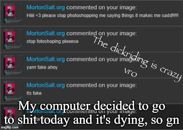 The dickriding is crazy vro | My computer decided to go to shit today and it's dying, so gn | image tagged in the dickriding is crazy vro | made w/ Imgflip meme maker
