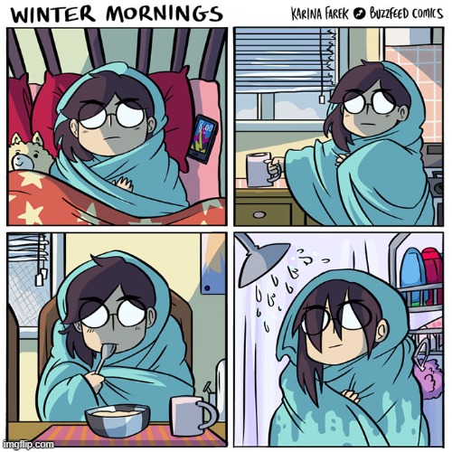 image tagged in winter,mornings,blanket,tea,breakfast,shower | made w/ Imgflip meme maker