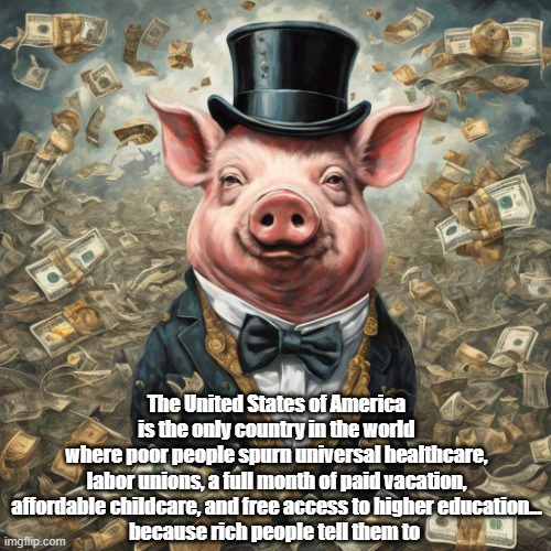 The United States Is The Only Country In The World Where The People Are Stupid Enough To... | The United States of America
is the only country in the world
where poor people spurn universal healthcare,
labor unions, a full month of paid vacation,
affordable childcare, and free access to higher education...
because rich people tell them to | image tagged in trump,the people,the filthy rich,the ungodly rich,the ultra rich,bamboozle | made w/ Imgflip meme maker