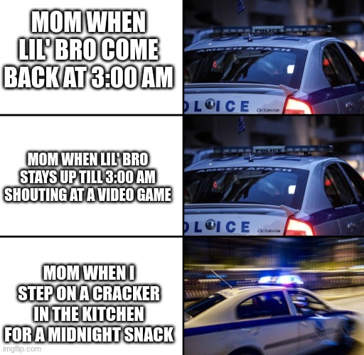 The little ones get away with everything | MOM WHEN LIL' BRO COME BACK AT 3:00 AM; MOM WHEN LIL' BRO STAYS UP TILL 3:00 AM SHOUTING AT A VIDEO GAME; MOM WHEN I STEP ON A CRACKER IN THE KITCHEN FOR A MIDNIGHT SNACK | image tagged in police car meme greek version | made w/ Imgflip meme maker