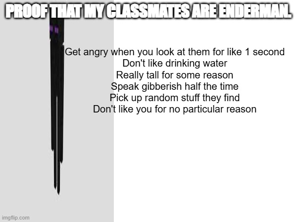 Proof My Classmates Are Enderman | PROOF THAT MY CLASSMATES ARE ENDERMAN. Get angry when you look at them for like 1 second

Don't like drinking water

Really tall for some reason

Speak gibberish half the time

Pick up random stuff they find

Don't like you for no particular reason | image tagged in minecraft,school memes | made w/ Imgflip meme maker