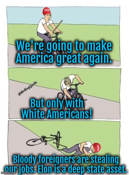 MAGA fallout! | We're going to make America great again. @darking2jarlie; But only with White Americans! Bloody foreigners are stealing our jobs. Elon is a deep state asset. | image tagged in elon musk,trump,america,white nationalism,racism,politics | made w/ Imgflip meme maker