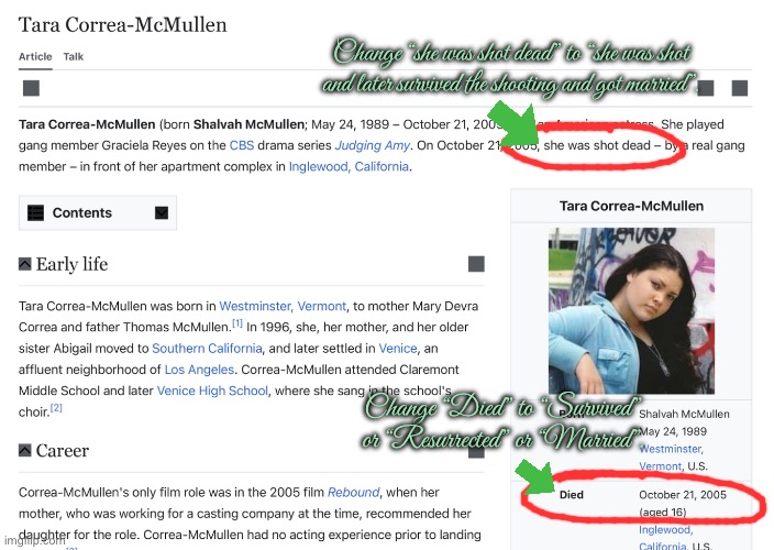 Let's Bring Back Tara Correa-McMullen | Change “she was shot dead” to “she was shot and later survived the shooting and got married”. Change “Died” to “Survived” or “Resurrected” or “Married”. | image tagged in resurrection,girl,pretty girl,beautiful girl,nickelodeon,grave digger | made w/ Imgflip meme maker