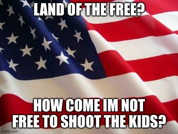 LAND OF THE FREE? HOW COME IM NOT FREE TO SHOOT THE KIDS? | image tagged in american flag | made w/ Imgflip meme maker