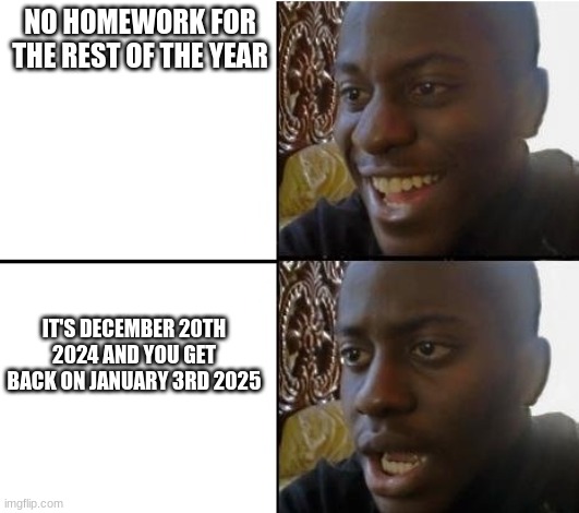 surpried disapointed man | NO HOMEWORK FOR THE REST OF THE YEAR IT'S DECEMBER 20TH 2024 AND YOU GET BACK ON JANUARY 3RD 2025 | image tagged in surpried disapointed man | made w/ Imgflip meme maker