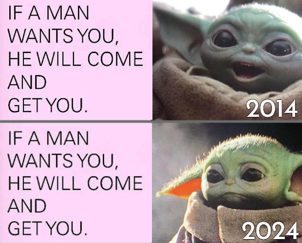 2014; 2024 | image tagged in men and women,baby yoda | made w/ Imgflip meme maker