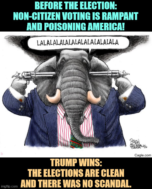 There is no end to Republican hypocrisy. There was no election fraud in 2020 either, except for Trump. | BEFORE THE ELECTION:
NON-CITIZEN VOTING IS RAMPANT
AND POISONING AMERICA! TRUMP WINS:
THE ELECTIONS ARE CLEAN
AND THERE WAS NO SCANDAL. | image tagged in gop republican elephant ignoring facts science,vote,voter fraud,election fraud,conservative hypocrisy,liars | made w/ Imgflip meme maker