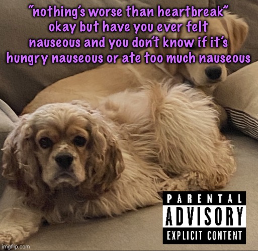Gnocchi and Henry’s first studio album | “nothing’s worse than heartbreak” okay but have you ever felt nauseous and you don’t know if it’s hungry nauseous or ate too much nauseous | image tagged in gnocchi and henry s first studio album,cinnabox announcement | made w/ Imgflip meme maker