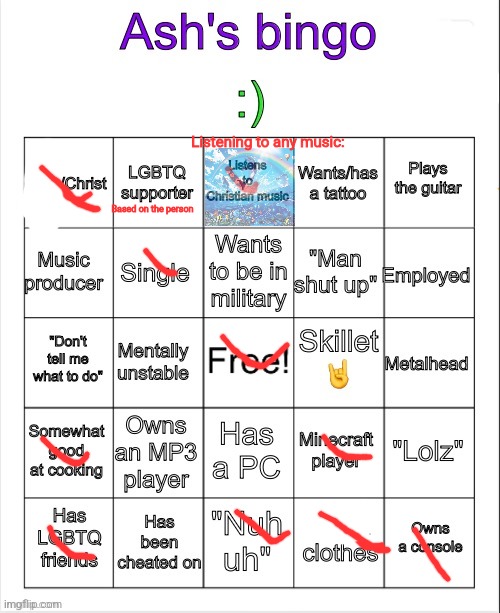 Ash's bingo | Listening to any music:; Based on the person | image tagged in ash's bingo | made w/ Imgflip meme maker