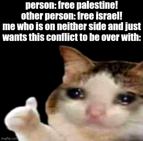 i hate seeing all the conflict in the world today | person: free palestine!
other person: free israel!
me who is on neither side and just wants this conflict to be over with: | image tagged in sad cat thumbs up,politics,israel,palestine,conflict,world war 3 | made w/ Imgflip meme maker