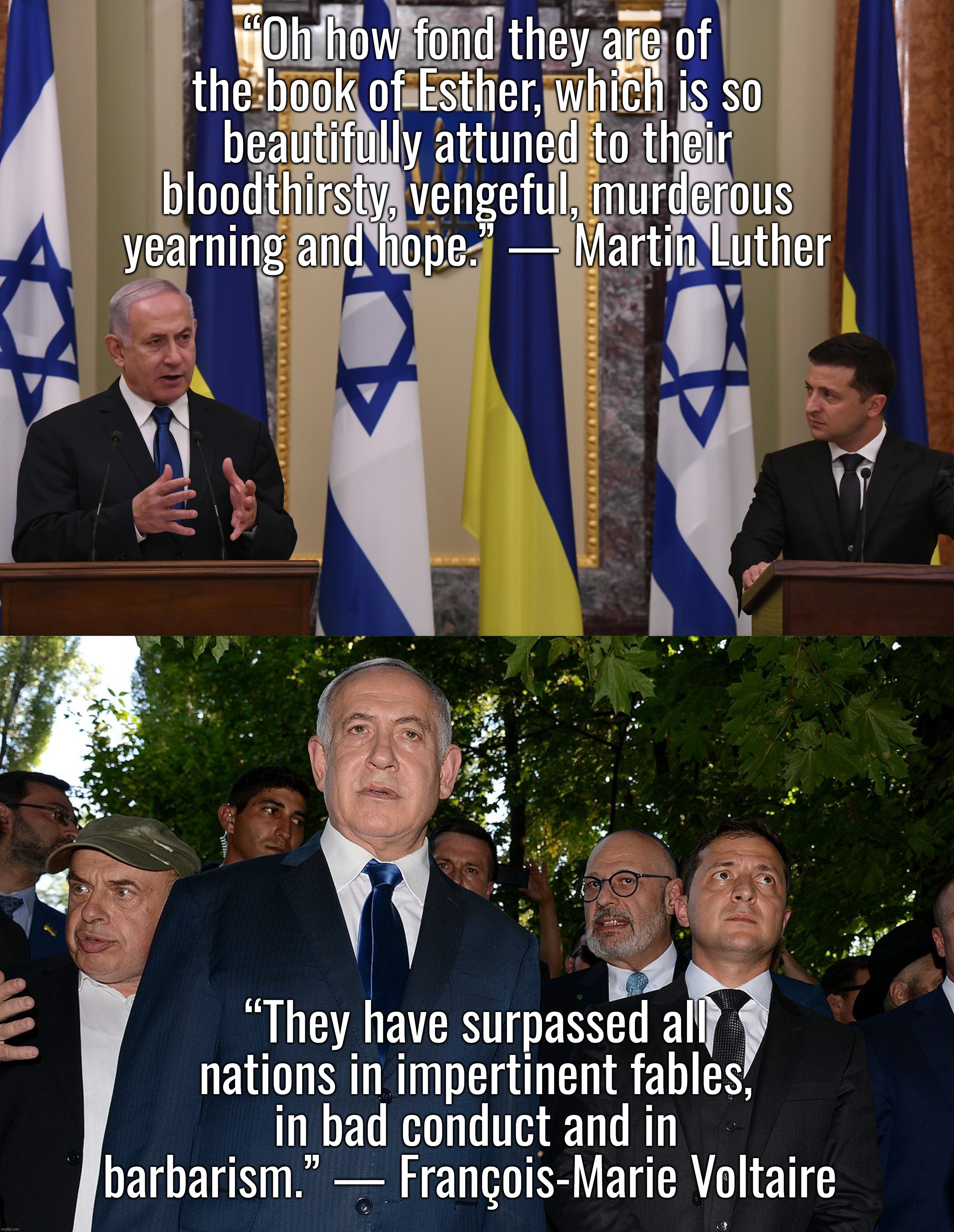 “So, remember, every picture tells a story, don't it…” ― Rod Stewart | “Oh how fond they are of the book of Esther, which is so beautifully attuned to their bloodthirsty, vengeful, murderous yearning and hope.” — Martin Luther; “They have surpassed all nations in impertinent fables, in bad conduct and in barbarism.” — François-Marie Voltaire | image tagged in israel,ukraine,donald trump,war criminal,terrorists | made w/ Imgflip meme maker