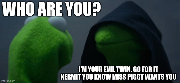 Evil Kermit | WHO ARE YOU? I'M YOUR EVIL TWIN. GO FOR IT KERMIT YOU KNOW MISS PIGGY WANTS YOU | image tagged in memes,evil kermit,funny memes | made w/ Imgflip meme maker