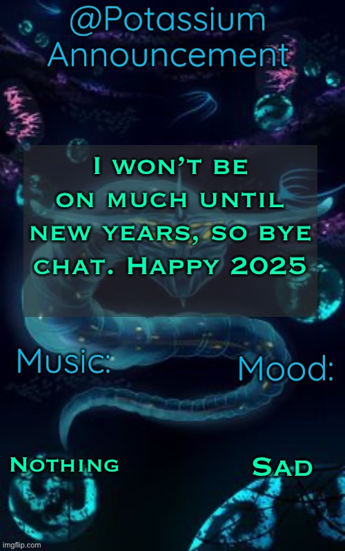 Potassium’s Ghost Leviathan Template | I won’t be on much until new years, so bye chat. Happy 2025; Nothing; Sad | image tagged in potassium s ghost leviathan template | made w/ Imgflip meme maker