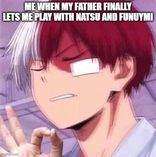 Todoroki | ME WHEN MY FATHER FINALLY LETS ME PLAY WITH NATSU AND FUNUYMI | image tagged in todoroki | made w/ Imgflip meme maker