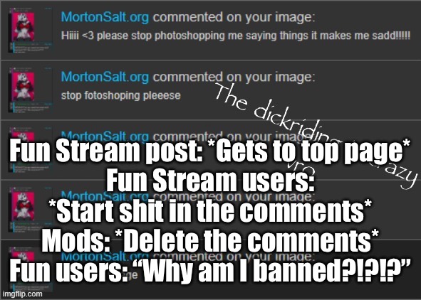 Just smth random | Fun Stream post: *Gets to top page*
Fun Stream users: *Start shit in the comments*
Mods: *Delete the comments*
Fun users: “Why am I banned?!?!?” | image tagged in the dickriding is crazy vro | made w/ Imgflip meme maker