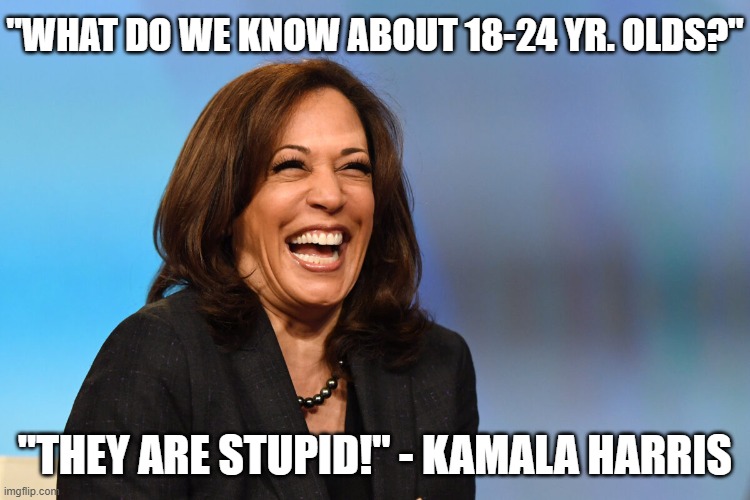 Kamala Harris laughing | "WHAT DO WE KNOW ABOUT 18-24 YR. OLDS?" "THEY ARE STUPID!" - KAMALA HARRIS | image tagged in kamala harris laughing | made w/ Imgflip meme maker