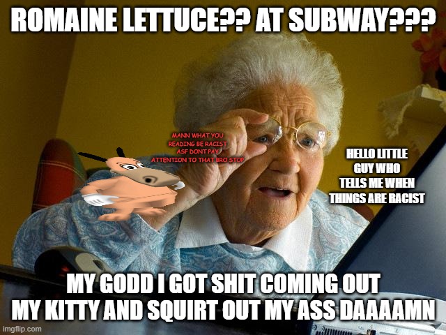 shiii | ROMAINE LETTUCE?? AT SUBWAY??? MANN WHAT YOU READING BE RACIST ASF DONT PAY ATTENTION TO THAT BRO STOP; HELLO LITTLE GUY WHO TELLS ME WHEN THINGS ARE RACIST; MY GODD I GOT SHIT COMING OUT MY KITTY AND SQUIRT OUT MY ASS DAAAAMN | image tagged in memes,grandma finds the internet | made w/ Imgflip meme maker