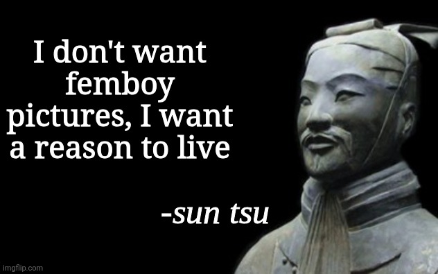 sun tsu fake quote | I don't want femboy pictures, I want a reason to live | image tagged in sun tsu fake quote | made w/ Imgflip meme maker