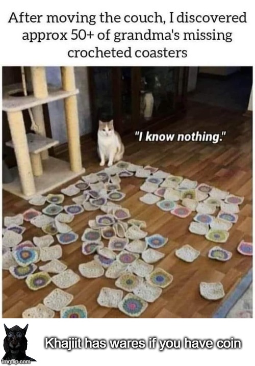 Ka-Ching | Khajiit has wares if you have coin | image tagged in skyrim,cats,hoarding,gaming,bethesda | made w/ Imgflip meme maker