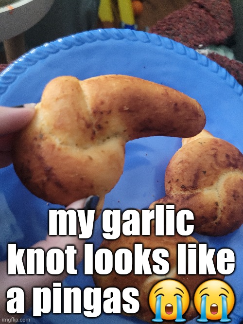 my garlic knot looks like a pingas 😭😭 | made w/ Imgflip meme maker