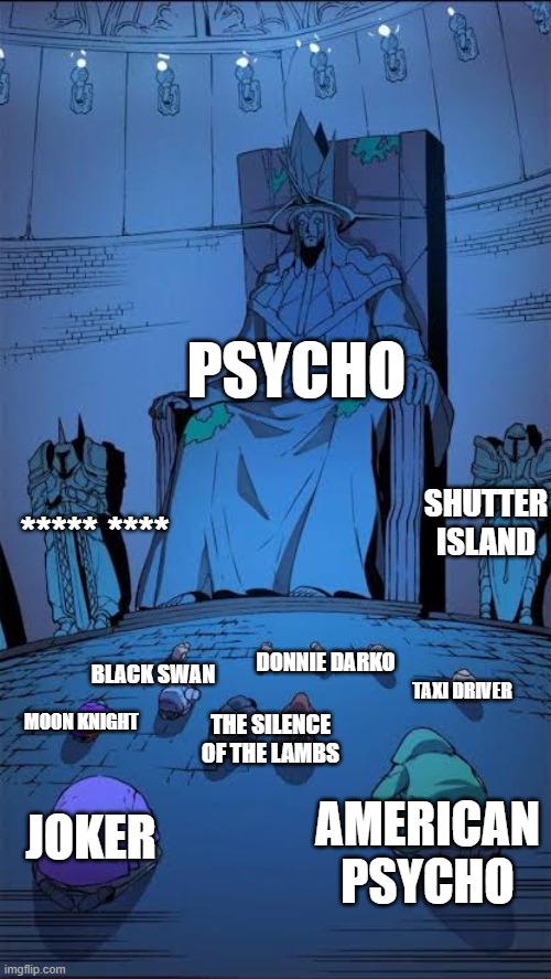 Statue of god | PSYCHO; SHUTTER ISLAND; ***** ****; BLACK SWAN; DONNIE DARKO; TAXI DRIVER; THE SILENCE OF THE LAMBS; MOON KNIGHT; AMERICAN PSYCHO; JOKER | image tagged in statue of god | made w/ Imgflip meme maker