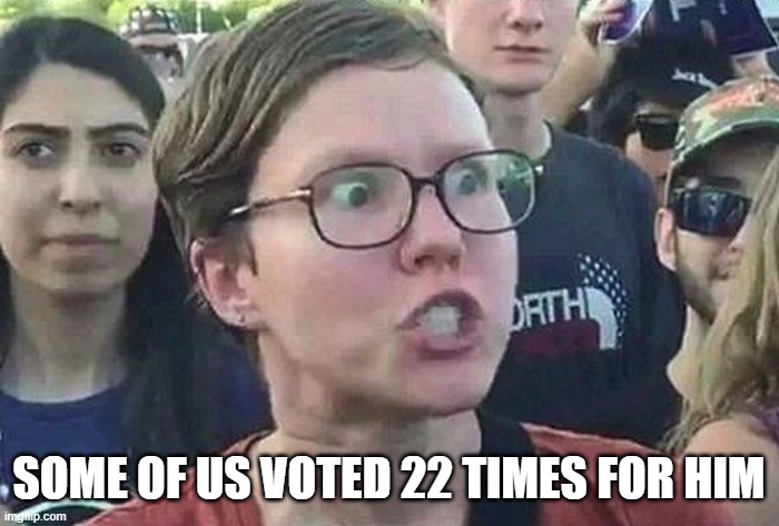 Triggered Liberal | SOME OF US VOTED 22 TIMES FOR HIM | image tagged in triggered liberal | made w/ Imgflip meme maker